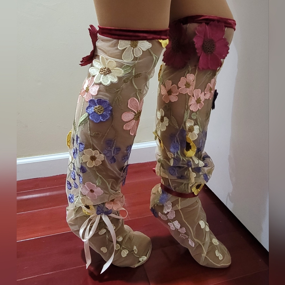 Handcrafted Embroidered Floral Sheer Socks with Velvet Trim - Picture 2 of 5